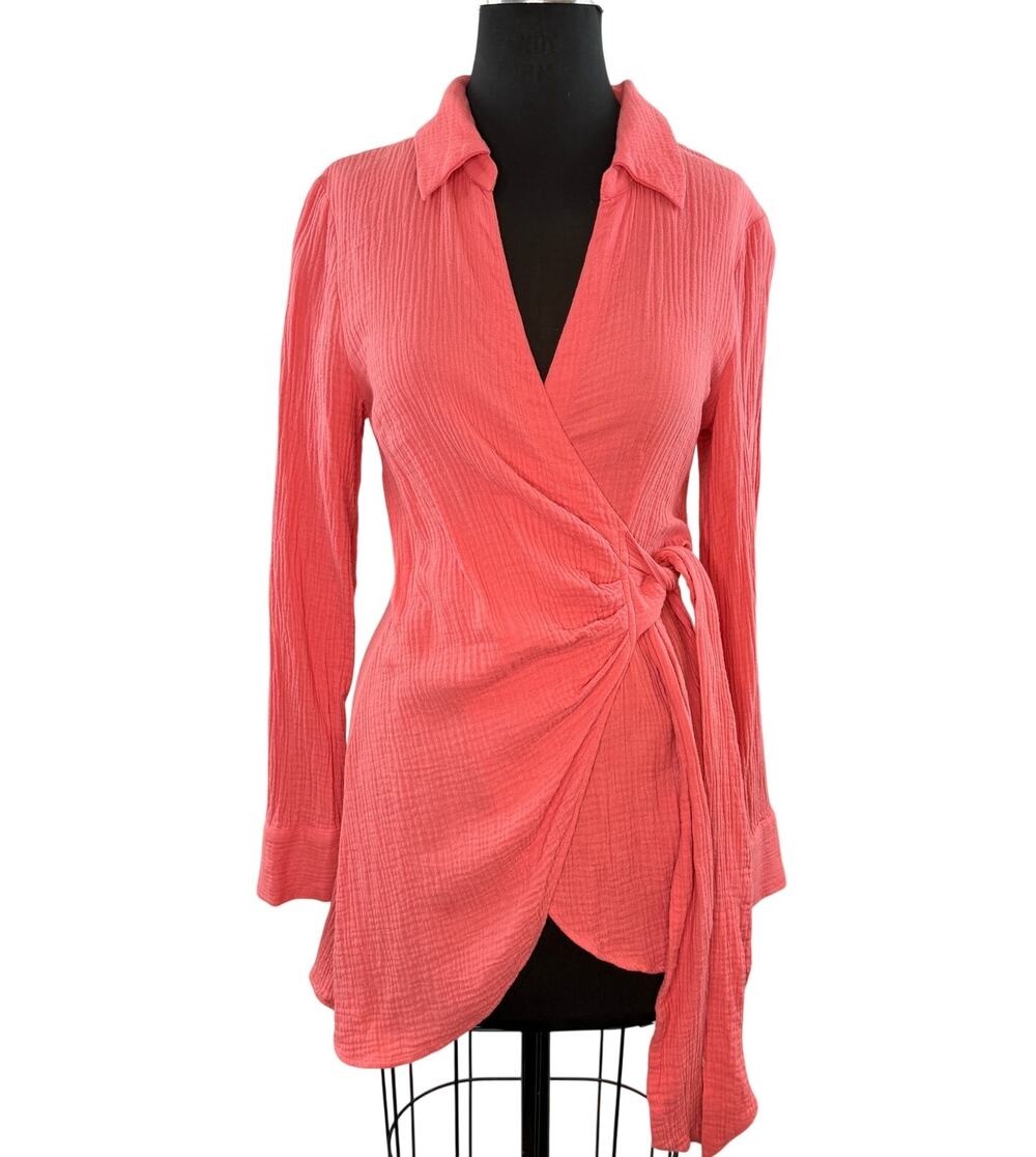 Onia Coral Pink Gauze Wrap Dress Cotton Crinkled Collared Tie Waist XS X-Small
